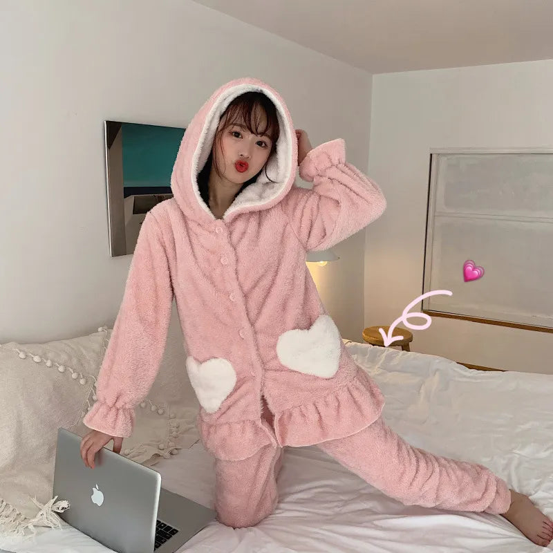 Velvet Hooded Two Piece Pajamas Set