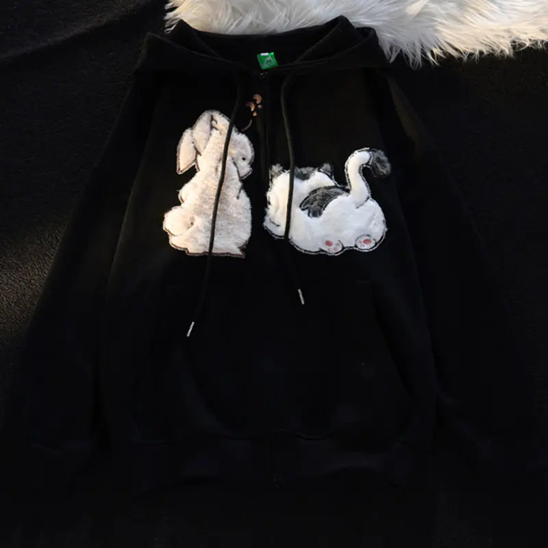 Thick Cartoon Cat Couple Hoodie for Women