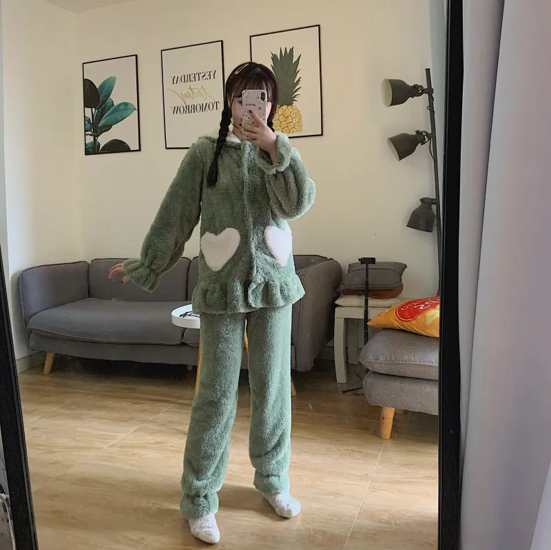 Velvet Hooded Two Piece Pajamas Set