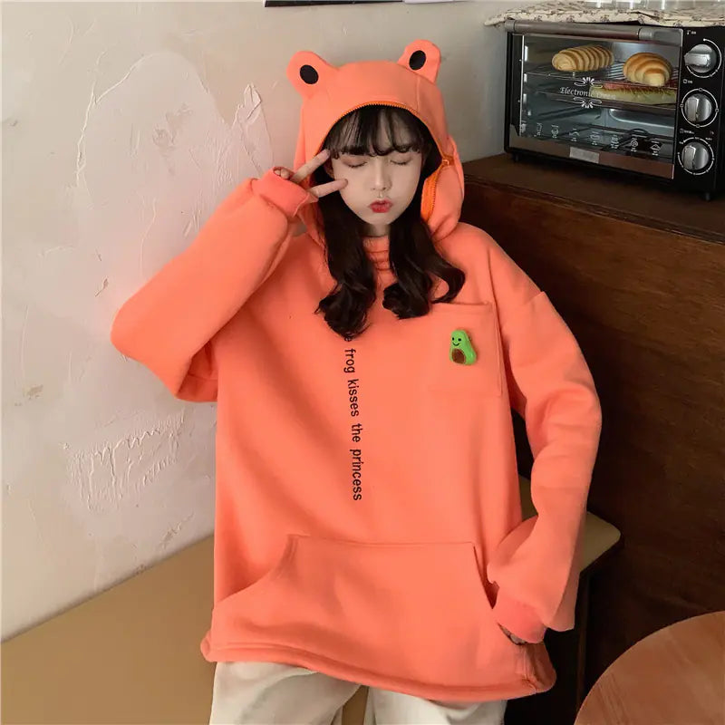 Couple's Plush Frog Pullover Zipper Sweater